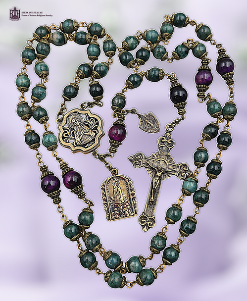 Marian Our Lady Lourdes Miraculous Mary Our Lady Fatima Sacred Heart Jesus premium heritage bronze antique style rosary green apatite purple tiger eye