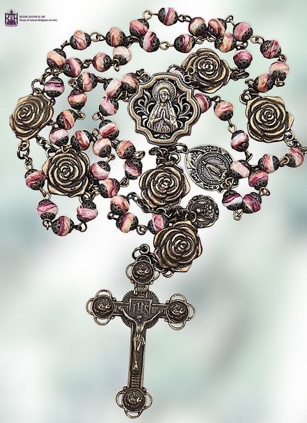Our Lady Lourdes Miraculous Mary Sacred Heart Jesus Our Lady Carmel Roses premium heritage bronze antique style rosary pink oyster shell