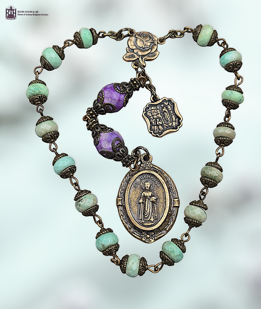 17 bead St Dymphna Miraculous Mary Our Lady Lourdes Blessed Virgin Mary premium heritage bronze antique style chaplet chrysoprase purple jasper