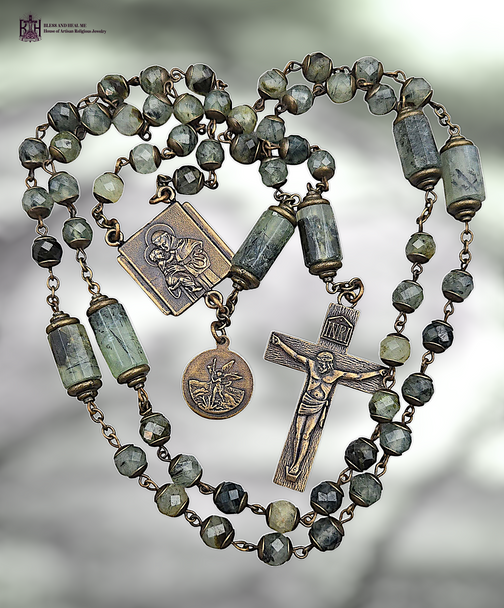 Saint Anthony St Joseph the Worker Archangel Michael premium heritage bronze antique style rosary prehnite