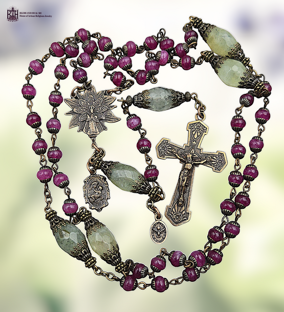 Infant of Prague Mother Mary Baby Jesus Holy Family Holy Spirit premium heritage bronze antique style rosary magenta jade prehnite