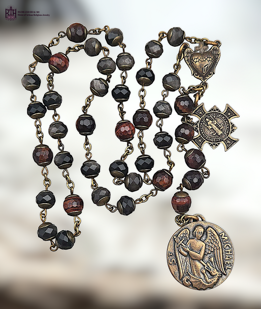 40 bead Archangel Michael Our Lady Lourdes St Benedict Sacred Heart Jesus with Wings premium heritage bronze chaplet silver obsidian red tiger eye