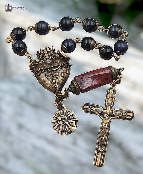 Sacred Bleeding Heart Jesus Holy Eucharist premium heritage bronze antique style chaplet dark blue black tiger eye red brecciated jasper
