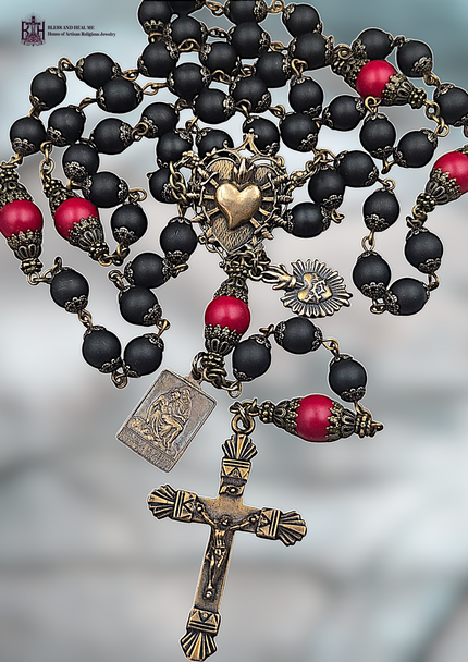 Immaculate Heart Mary Seven Sorrows Pieta God of Good Hope Sacred Heart Jesus heritage bronze vintage style rosary black matte onyx red pearl shell