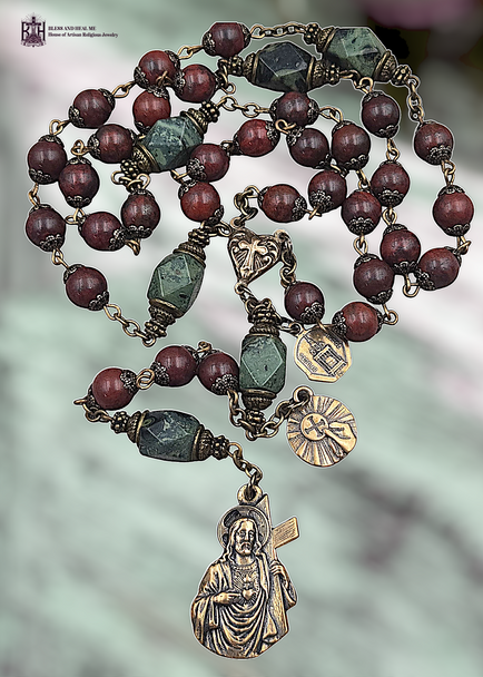 39 bead Sacred Heart Jesus Jesus Carrying Cross Most Precious Blood Bruges relic Holy Eucharist heritage bronze chaplet kambaba red jasper