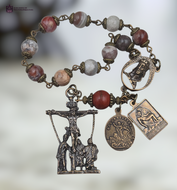Exaltation Sorrows Triumph Crown Thorns Pieta Jesus Taken Cross Joseph Arimathea Resurrection God Good Hope premium heritage bronze chaplet red crazy lace agate