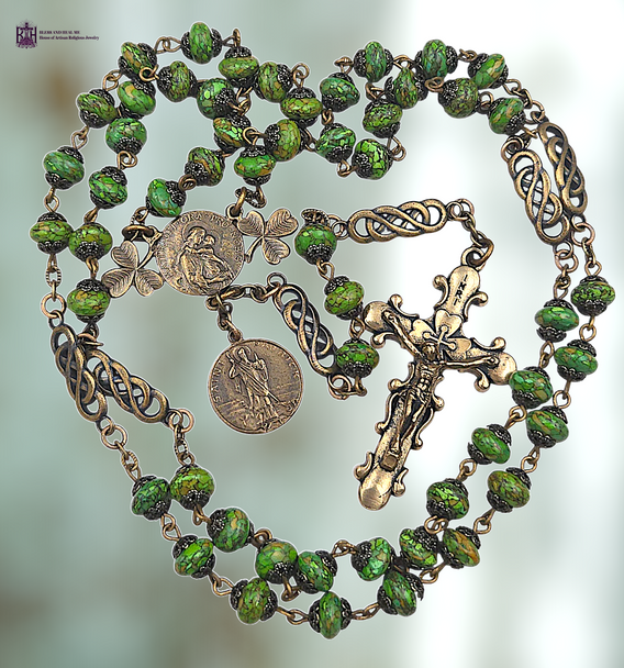 Mother Mary Baby Jesus Shamrock Saint Patrick Celtic Knots heritage solid bronze vintage style rosary colorful green jasper