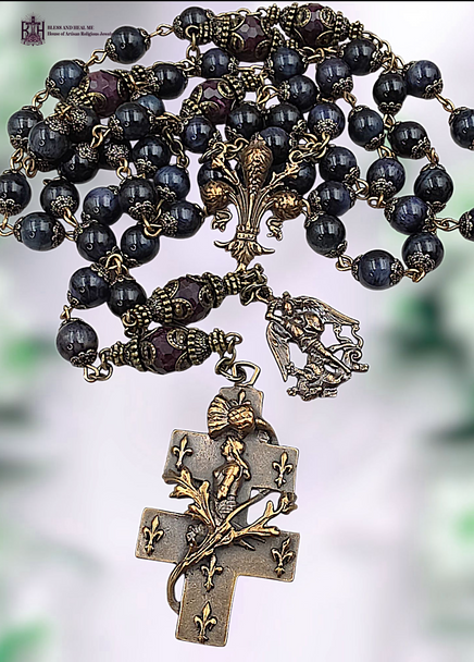 Saint Joan of Arc Archangel Michael Fleur de Lis Cross of Lorraine heritage solid bronze vintage style rosary dark blue tiger eye red jade Saint Joan of Arc Archangel Michael Fleur de Lis Cross of Lorraine heritage solid bronze vintage style rosary dark blue tiger eye red jade