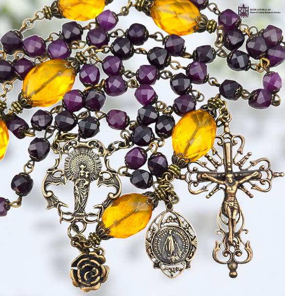 Our Lady of the Pillar Miraculous Mary heritage solid bronze vintage style rosary genuine Baltic amber purple jade Our Lady of the Pillar Miraculous Mary heritage solid bronze vintage style rosary genuine Baltic amber purple jade