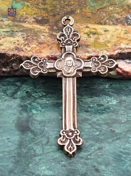 Jesus Fleur de Lise Ornate Cross Pendant | Solid Heritage Bronze| Medium | 1 1/2"