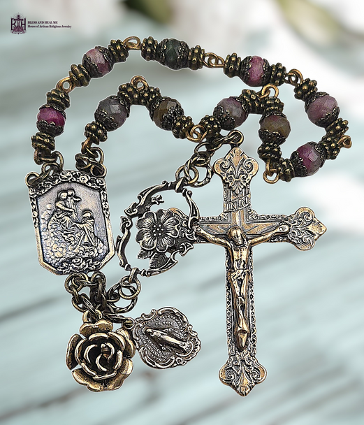 Our Lady of the Rosary Miraculous Mary solid heritage bronze vintage style chaplet tourmaline