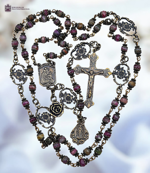 Our Lady of the Rosary Miraculous Mary heritage solid bronze vintage style rosary tourmaline