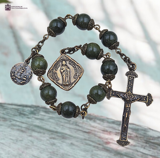 Devotional 9 bead healing saints St Jude Archangel Raphael heritage bronze vintage style chaplet green jade