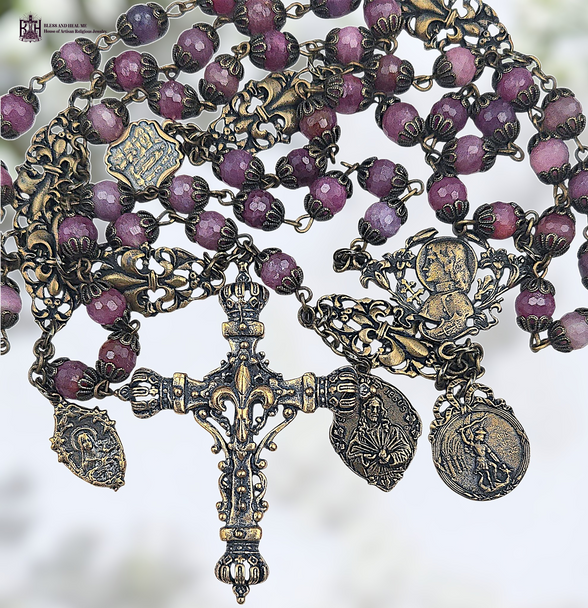 Joan of Arc Archangel Michael Sacred Heart Our Lady Rosary Lourdes St Therese Blessed Virgin Mary Fleur de Lis heritage bronze rosary genuine pink ruby by Bless And Heal Me