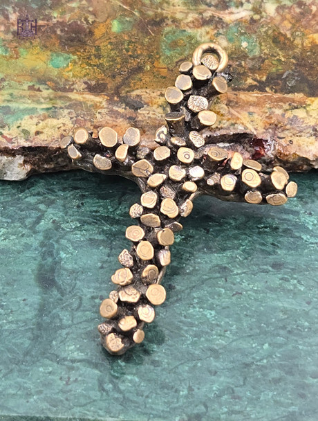 Solid Heritage Bronze Artisan Deeply Sculptured Nails Cross Pendant | Large | 2.5 inch