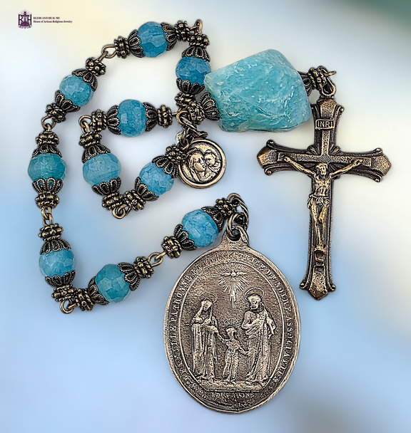 Holy Family Mary Jesus Joseph Hearts Mother Mary premium heritage bronze antique chaplet blue jade amazonite by Bless And Heal Me