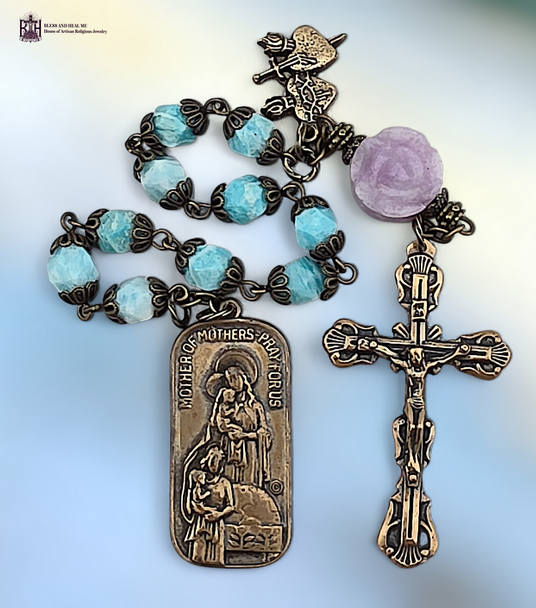 Mary Mother of Mothers Sacred Heart Jesus Immaculate Heart Mary premium heritage bronze antique chaplet lepidolite rose amazonite by Bless And Heal Me