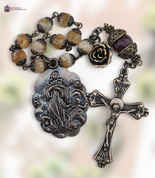 Immaculate Mary Assumption Mary with Angels premium heritage bronze antique chaplet citrine red jade by Bless And Heal Me