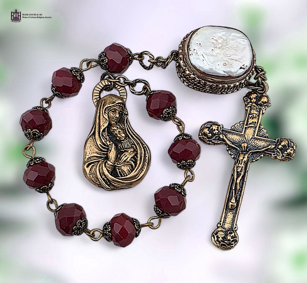 Mother Mary with Baby Jesus little angels crucifix heritage bronze vintage chaplet red Czech glass handcrafted Bali design bead pearl by Bless And Heal Me