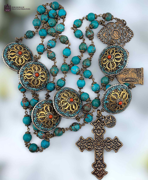 Blessed Virgin Mary Par Marie Jesus Our Lady Lourdes bronze rosary turquoise coral by Bless And Heal Me