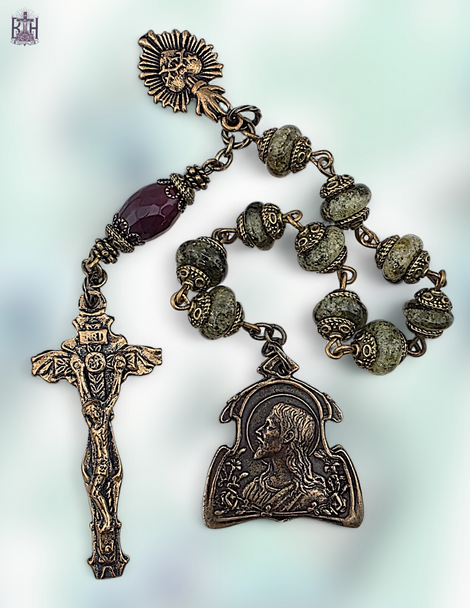 Jesus with lilies, Sacred Heart of Jesus, Holy Eucharist Crucifix heritage bronze chaplet. Green garnet & red agate gemstones. Handcrafted heirloom by Bless And Heal Me.