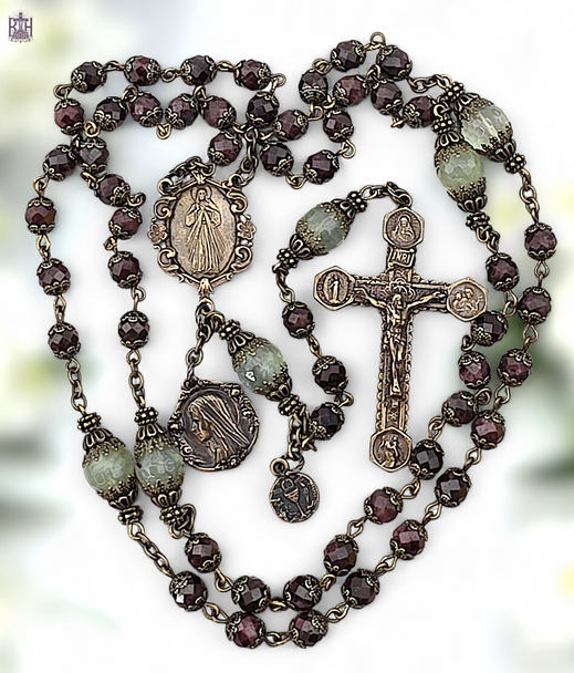 Divine Mercy Sacred Heart Lourdes Miraculous Mary St Joseph Christopher Eucharist bronze rosary garnet by Bless And Heal Me