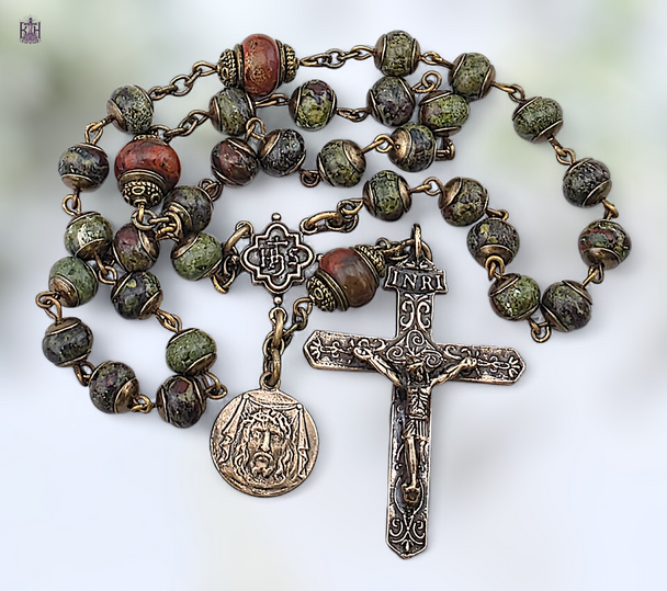 Holy Name & Holy Face 33 Bead Chaplet – Bronze with Bloodstone
