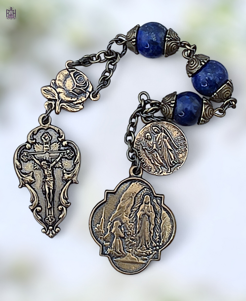 Our Lady Lourdes Miraculous Mary Archangel Raphael Guardian Angel 3 Hail Marys bronze chaplet lapis lazuli by Bless And Heal Me
