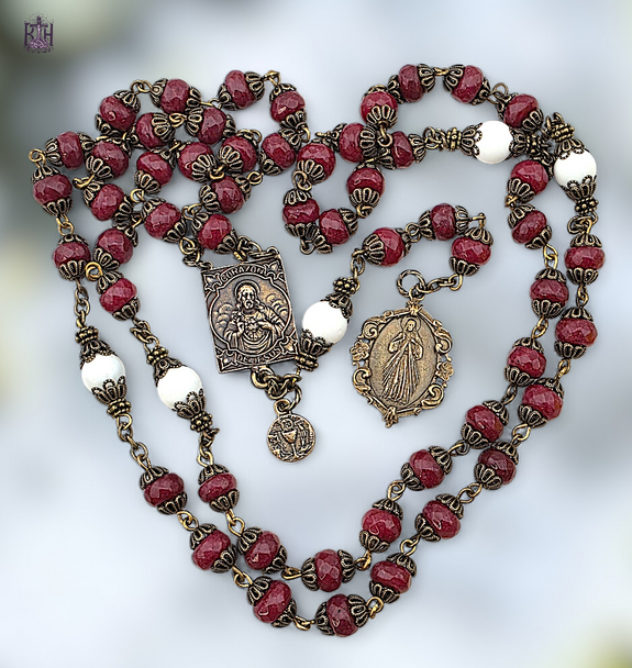 Divine Mercy Sacred Heart Lady of Carmel 58 bead heritage bronze chaplet red jade mother of pearl by Bless And Heal Me