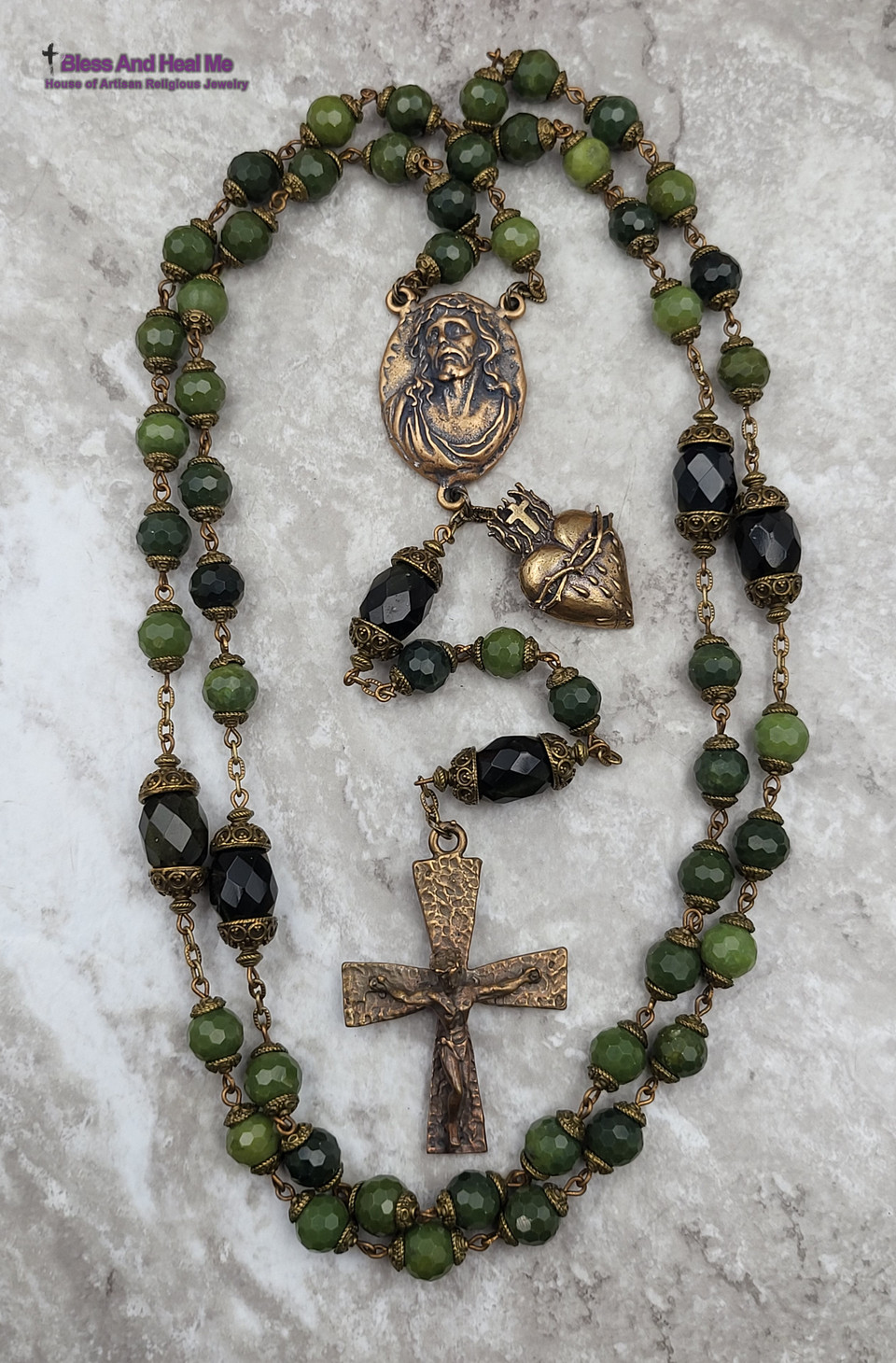 Face of Jesus Sacred Bleeding Heart Green Jade Large Bronze Rosary