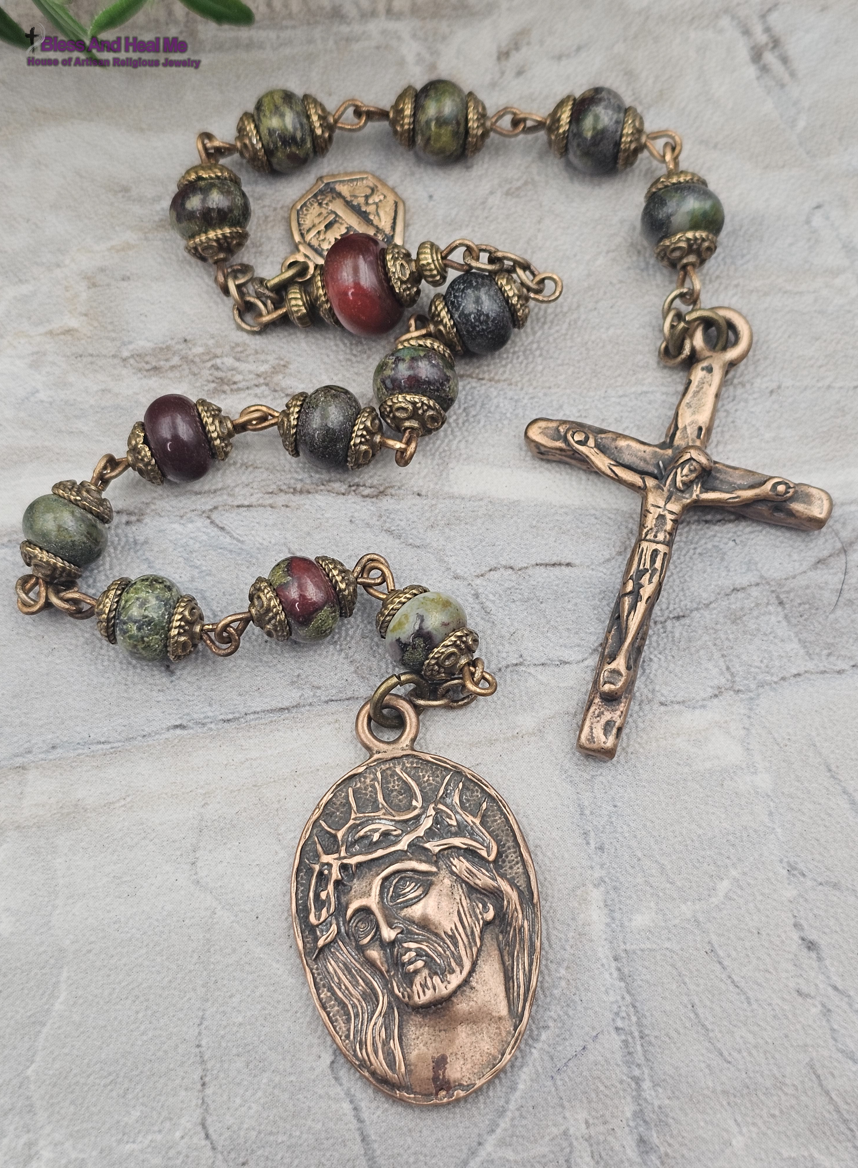 Chaplet of Reparation to the Holy Face 15 Beads Bloodstone Vintage