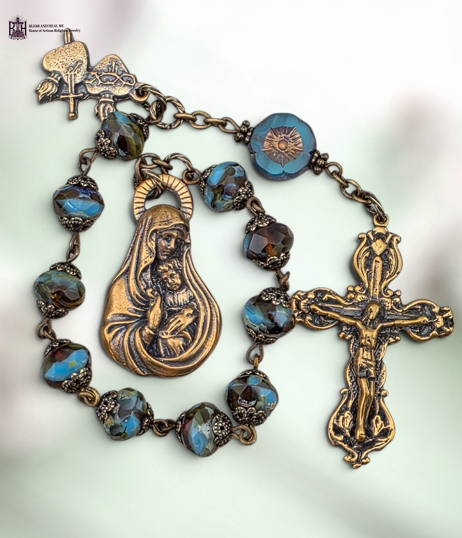 Mary Baby Jesus Two Hearts Chaplet – Bronze with Czech Glass