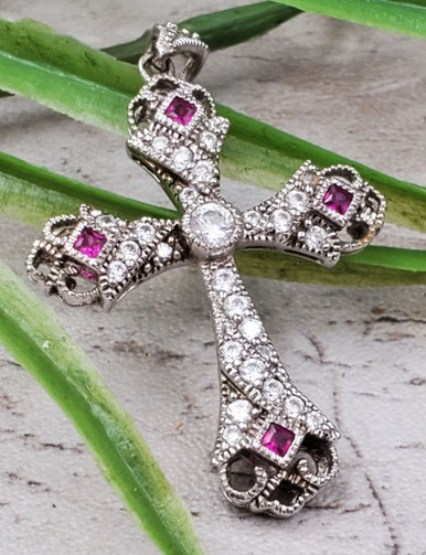 Sterling Silver Ruby Cubic Zirconia Ornate Cross Necklace