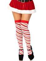 Candy Cane Lurex Striped Socks - Over the Knee - Os - White/red