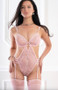 2pc Dramatic Strappy Garter Teddy Embroidered and Stockings - Os - Tickled Pink