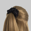 Tuhil Threads Small Black Royal Micro Satin Scrunchie. Luxurious small satin hair tie for a gentle, stylish hold. Shop Tuhil Threads hair accessories