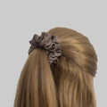 Tuhil Threads Small Taupe Royal Micro Satin Scrunchie. Luxurious small satin hair tie for a gentle, stylish hold. Shop Tuhil Threads hair accessories
