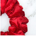 Tuhil Threads Medium Scarlet Red Velvet Scrunchie. Soft, rich medium velvet hair tie for an elegant, gentle hold. Shop Tuhil Threads hair accessories.