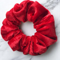 Tuhil Threads Medium Scarlet Red Velvet Scrunchie. Soft, rich medium velvet hair tie for an elegant, gentle hold. Shop Tuhil Threads hair accessories.
