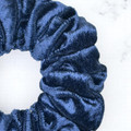 Tuhil Threads Medium French Navy Velvet Scrunchie. Soft, rich medium velvet hair tie for an elegant, gentle hold. Shop Tuhil Threads hair accessories.