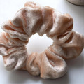 Tuhil Threads Medium Peach Velvet Scrunchie. Soft, rich medium velvet hair tie for an elegant, gentle hold. Shop Tuhil Threads hair accessories.