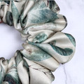Tuhil Threads Medium Cream Botanical Print Silky Satin Scrunchie. Shop Tuhil Threads hair accessories.
