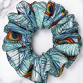 Tuhil Threads Medium Teal & Blue Peacock Feather Print John Louden Cotton Scrunchie. Shop Tuhil Threads hair accessories.