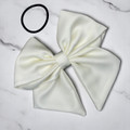 Tuhil Threads Cream Single Layer Royal Micro Satin Sailor Bow (or bow clip/bow hair tie, depending on focus). Luxurious satin hair bow for an elegant, sophisticated accent. Shop Tuhil Threads hair accessories.