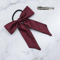 Tuhil Threads Burgundy Royal Micro Satin Long Tail Bow. Luxurious satin hair bow for an elegant, chic accent. Shop Tuhil Threads hair accessories.