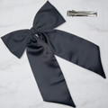 Tuhil Threads Black Royal Micro Satin Statement Long Tail Bow. Luxurious satin hair bow for an elegant, stylish accent. Shop Tuhil Threads hair accessories.