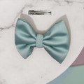 Tuhil Threads Small Mint Green Royal Micro Satin Classic Bow, front view, showcasing its smooth texture and neat shape. Shop Tuhil Threads hair accessories.