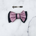 Tuhil Threads Small Royal Micro Satin Classic Bow in a two-tone design with a bold black bottom layer and a soft lilac top layer, neatly tied. Shop Tuhil Threads hair accessories.
