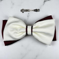 Tuhil Threads Large Royal Micro Satin Classic Bow in a two-tone design with a rich burgundy bottom layer and a cream top layer, neatly tied, measuring 17x10cm. Shop Tuhil Threads hair accessories.