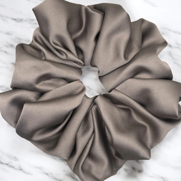 Extra Large Taupe Royal Micro Satin Scrunchie. Shop Tuhil Threads hair accessories.
